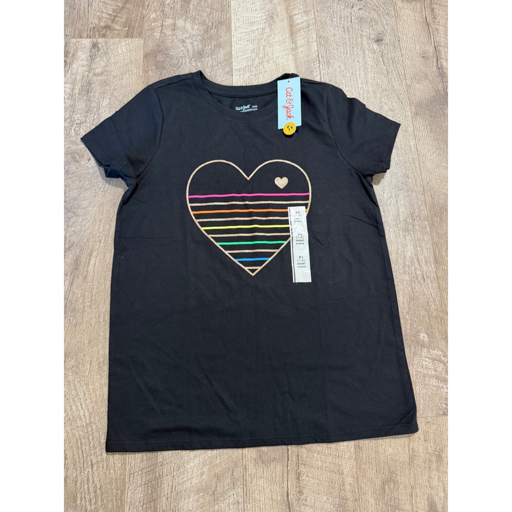 Cat & Jack Girls XL 14 Black Rainbow Glitter Heart Graphic Short Sleeve T-Shirt